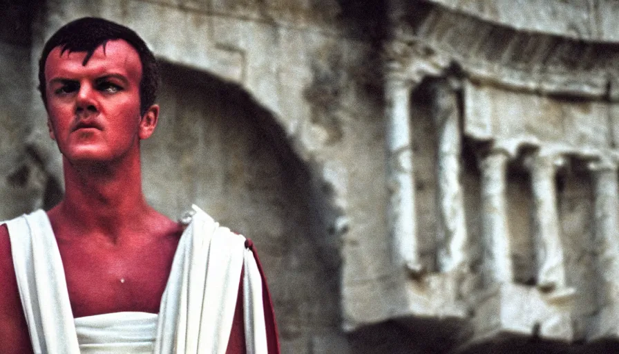 Image similar to 1 9 6 0 s movie still close - up of caligula in a white toga heavy bleed on ancient amphitheater, cinestill 8 0 0 t 3 5 mm, high quality, heavy grain, high detail, dramatic light, anamorphic