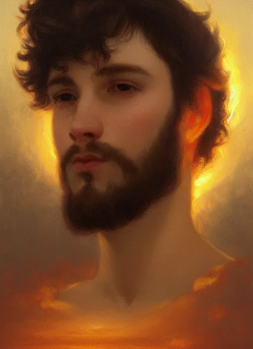 Image similar to oil painting of a handsome young man with dark hair, wearing a crown of fire!! at sunset, hazy, digital art, chiaroscuro, artstation, cinematic, golden hour, digital art painting by greg rutkowski, william - adolphe bouguereau, hazy atmosphere, cinematic lighting