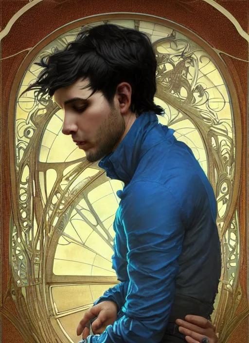 Image similar to handsome young man with short black hair, male, dressed in blue, looking down, half body shot, arms down, path traced, highly detailed, high quality, digital painting, bastien lecouffe - deharme, alphonse mucha, art nouveau, posuka demizu