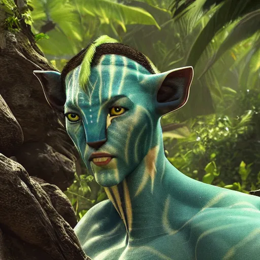 Prompt: Avatar na'vi with green beards, beach, water