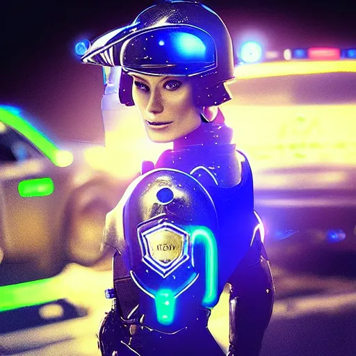 Prompt: “Olivia Wilde as a police officer in futuristic ballistic armor with neon LEDs in front of police car with sirens on, highly detailed digital art photorealistic”