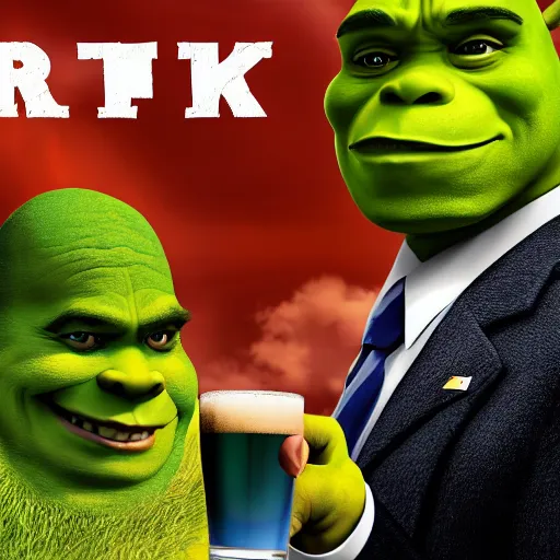 Prompt: obama meeting shrek, 8K, party, beer, moutain background, night