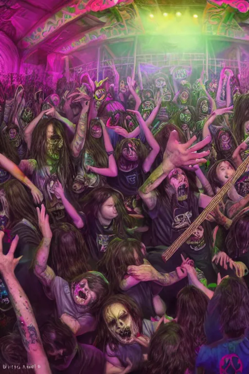 Prompt: a death metal band playing on a little kid party, mosh pit, wide angle, super highly detailed, professional digital painting, artstation, concept art, smooth, sharp focus, no blur, no dof, extreme illustration, Unreal Engine 5, Photorealism, HD quality, 8k resolution, cinema 4d, 3D, beautiful, cinematic, art by artgerm and greg rutkowski and alphonse mucha and loish and WLOP