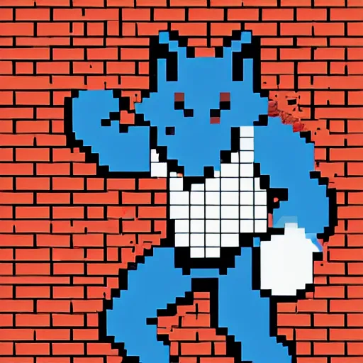 Prompt: full body portrait. 1 6 bit sega graphics. antropomorphic muscular masculine wolf, kickboxer fighter, in shorts, staying in front of brick wall. wolf head. furr on body