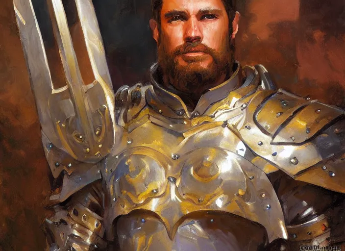 Image similar to a highly detailed beautiful portrait of a paladin, fantasy, by gregory manchess, james gurney, james jean