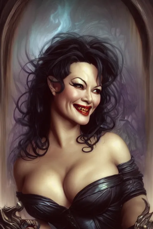 Image similar to 1 9 9 0 s jennifer tilly as a succubus. warm smiling face. flowing black hair. misty atmosphere. misty atmosphere, closeup, d & d, fantasy, intricate, elegant, highly detailed, digital painting, artstation, concept art, matte, sharp focus, illustration, hearthstone, art by artgerm and greg rutkowski and alphonse mucha