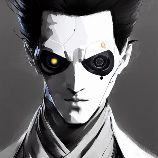 Image similar to portrait of a male character in sleek clothes, in a flowing white tailcoat, wearing a futuristic white mask with five round lenses for eyes, many eyes, dramatic lighting, illustration by Greg rutkowski, yoji shinkawa, 4k, digital art, concept art, trending on artstation