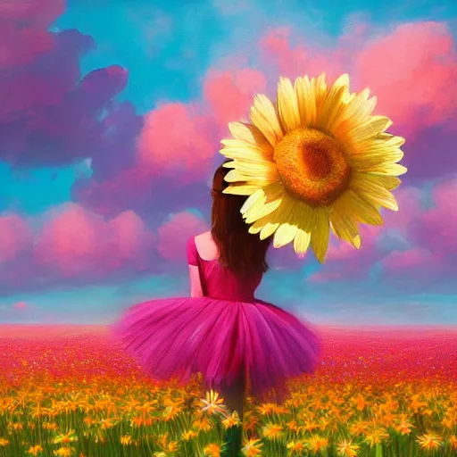 Prompt: giant daisy flower in front of head, full body girl dancing in a flower field, surreal photography, sunrise, dramatic light, impressionist painting, colorful clouds, digital painting, artstation, simon stalenhag