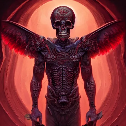 Prompt: digital _ painting _ of _ cizkin god of death mayan _ by _ filipe _ pagliuso _ and _ justin _ gerard _ symmetric _ fantasy _ highly _ detailed _ realistic _ intricate _ port glowing red eyes, space background