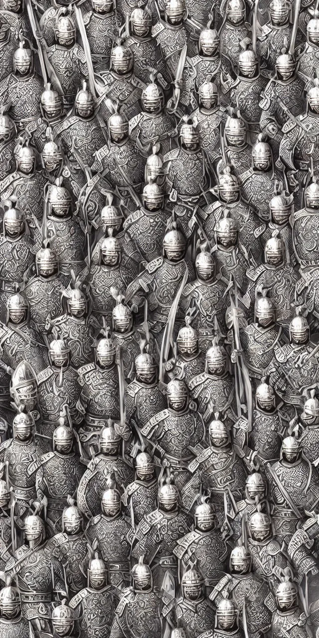 Image similar to detailed photorealistic ancient han chinese warriors soldiers army ⚔ 🪖 ⛩ with traditional chinese engravings and ornamentation on armour and weapons, and shining metallic 3 d surfaces, mandarin calligraphy, damask pattern, wide angle, 3 d