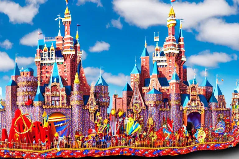 Image similar to photo of giant beautiful elaborate parade float castle designed by greg rutowski and geof darrow, in the macys parade, detailed 4 k photo, gigapixel, hyperdetailed