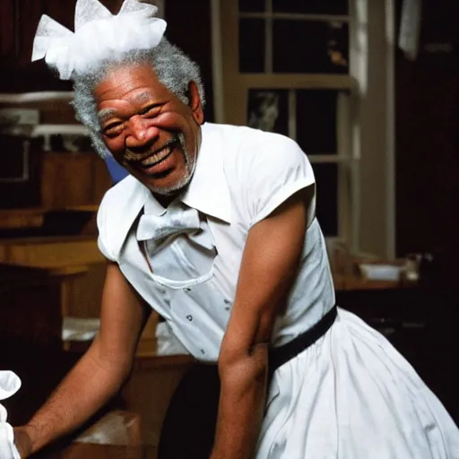 Prompt: Morgan Freeman in a maid costume laughing