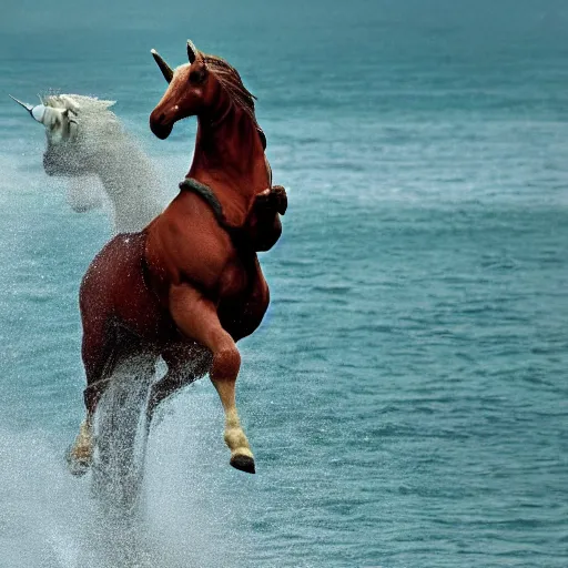 Prompt: christopher lee throwing a beautiful unicorn into the sea