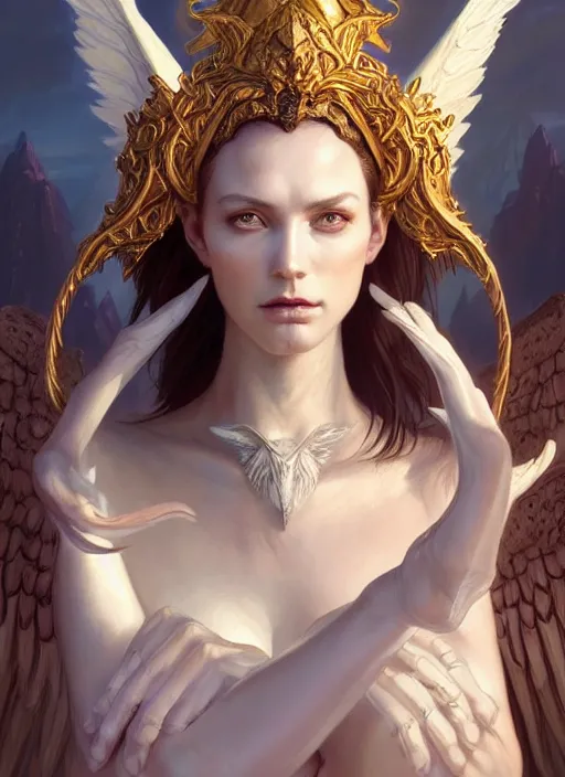 Prompt: portrait of a beautiful androgynous fallen angel, hyperborea lemuria, legendary, pixar doll decollete deep focus, d & d, fantasy, intricate, elegant, highly detailed, digital painting, artstation, concept art, matte, sharp focus, illustration, hearthstone, art by rhads by artgerm and greg rutkowski and alphonse mucha