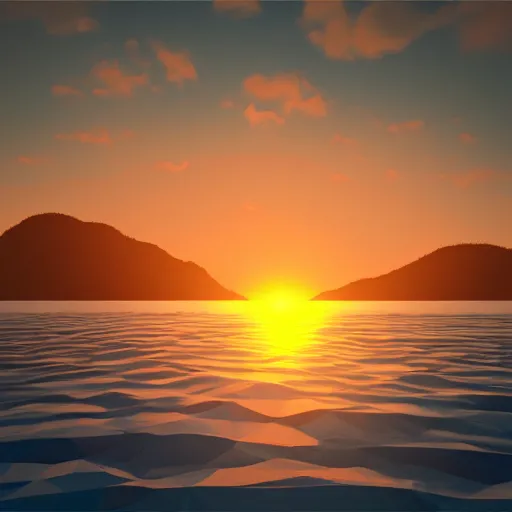 Prompt: 3d low polygon ocean scene with stunning sunset. 8k resolution. raytracing. trending on artstation.