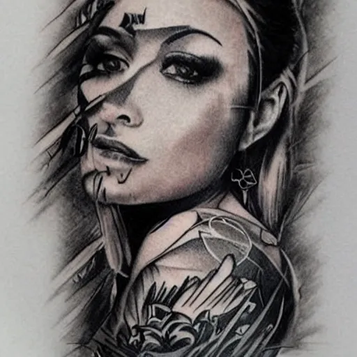 Image similar to tattoo design sketch of a beautiful girl next face to a beautiful mountain scenery, hyper realistic