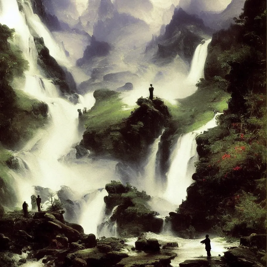 Prompt: artwork about a life of sad loneliness, watching the waterfalls on a stormy rainy day, painted by thomas moran and albert bierstadt. monochrome color scheme.