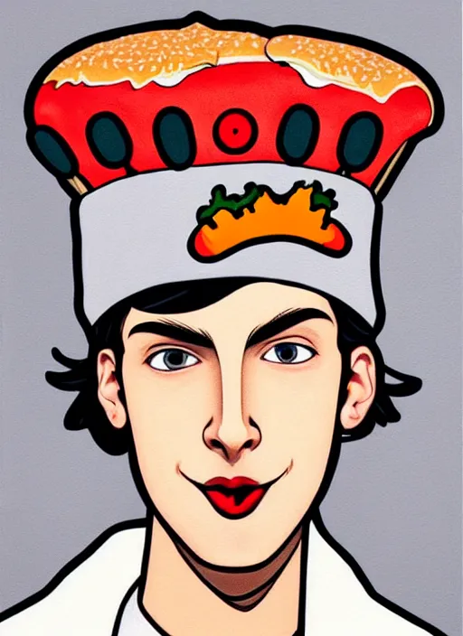 Prompt: oil painting, teenage jughead jones, wears a light grey crown with a red button and white button on it, and devours a hamburger, wearing a light grey crown with a red button and white button on it, intricate, elegant, closed eyes, highly detailed, lighting, painting, artstation, smooth, illustration, art by greg rutowski and alphonse mucha