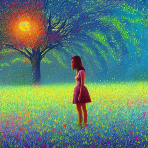 Image similar to girl merging with flower, standing in a flower field, big trees, sunrise dramatic light, impressionist painting, colorful clouds, digital painting, pointillism, artstation, simon stalenhag