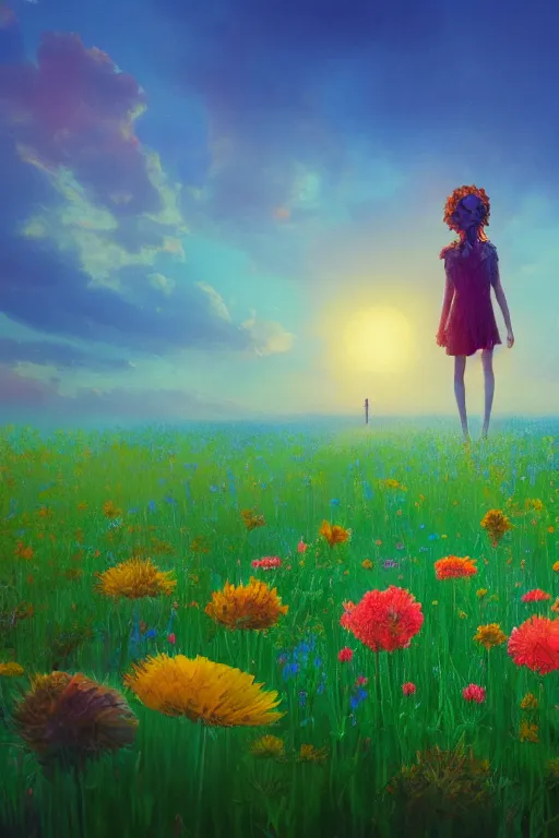 Image similar to closeup, giant flower head, girl standing in a field of flowers, surreal photography, sunrise, blue sky, dramatic light, impressionist painting, digital painting, artstation, simon stalenhag