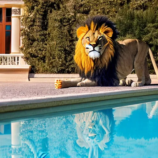 Image similar to a very detailed photo of a lion ( smoking a cigar ) outside the mansion by the pool