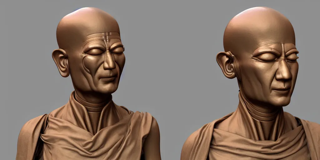 Prompt: hyper realistic 3 d render of a bust of meditating robotic body style monk in cyberpunk style, ultra realistic 8 k resolution.