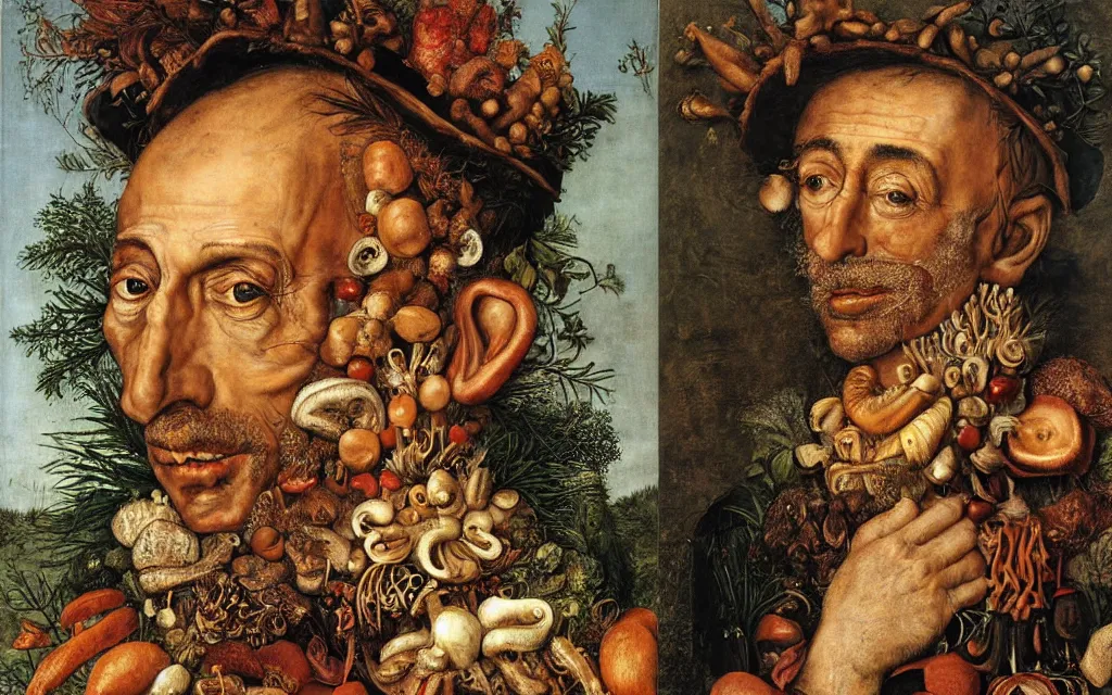 Prompt: giuseppe arcimboldo's portrait of captain jacques - yves cousteau made out of mushrooms fishes