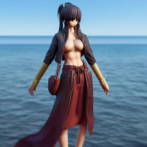 Prompt: Render of a 3d Ryougi Shiki, full round face, golden hour, serene beach setting, medium shot, mid-shot, highly detailed, trending on Artstation, Unreal Engine 4k