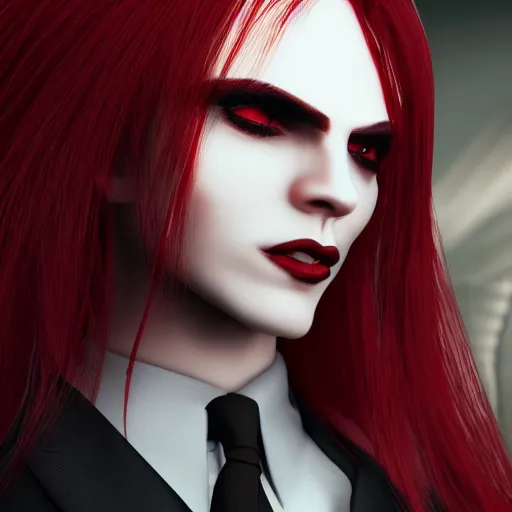 Prompt: a pale vampire, long black hair, clean shaven, dressed formally in red and black, highly detailed, concept art, smooth, sharp focus, unreal engine 5, 8 k.