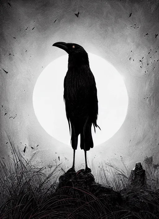 Prompt: portrait, A crow in front of the full big moon, book cover, red white and black colors, establishing shot, extremly high detail, foto realistic, cinematic lighting, pen and ink, intricate line drawings, by Yoshitaka Amano, Ruan Jia, Kentaro Miura, Artgerm, post processed, concept art, artstation, matte painting, style by eddie mendoza, raphael lacoste, alex ross