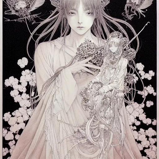 Image similar to prompt: Fragile looking vessel portrait soft light drawn by Vania Zouravliov and Takato Yamamoto, inspired by Fables, ancient crown, magical and alchemical weapons, soft light, white background, intricate detail, intricate ink painting detail, sharp high detail, manga and anime 2000