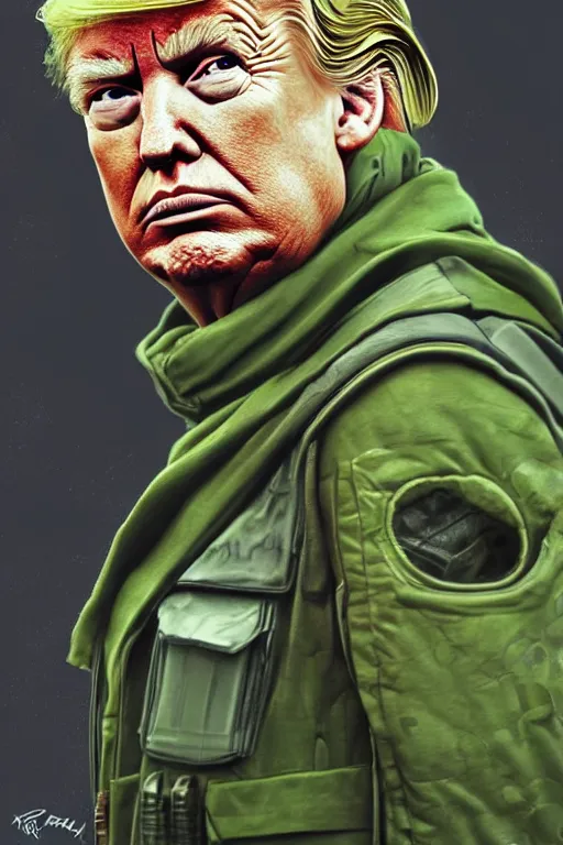 Image similar to Donald Trump as a Rebel Soldier from Star Wars, green camoflauge, realistic portrait, symmetrical, highly detailed, digital painting, artstation, concept art, smooth, sharp focus, cinematic lighting, art by Ralph McQuarry