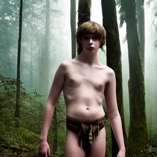 Image similar to a teenage boy, around 1 9 yo. choker necklace. natural brown hair. loincloth, pale skin. detailed face. scar on chest. ominous and eerie looking forest in background. natural colors. hyperrealistic photo.