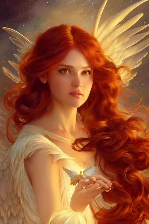 Prompt: beautiful angel princess flying in the sky, full body shot, red hair, d & d, fantasy, intricate, elegant, golden inlays, highly detailed, digital painting, artstation, concept art, matte, sharp focus, illustration, hearthstone, art by artgerm and greg rutkowski and alphonse mucha