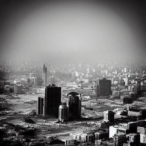 Image similar to “the fall of man, cities destroyed, dust in the air, collapsed bodies, dark, atmospheric, high quality”