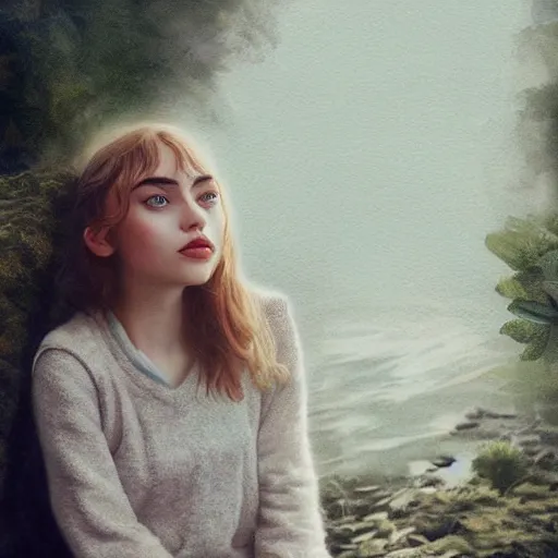 Image similar to a beautiful scenic photo of a beautiful young girl that looks like imogen poots by artgerm and wlop and wes anderson and spike jonze