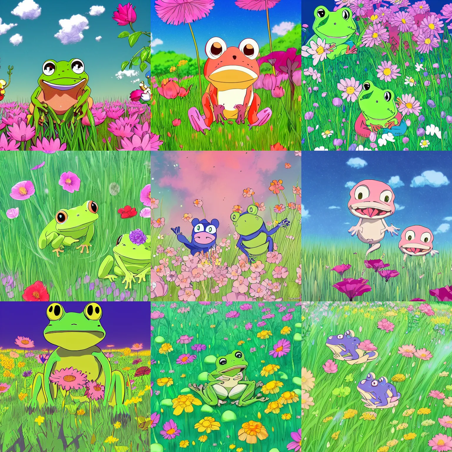 Prompt: illustration of a cute happy frogs hopping in a field of flowers, studio ghibli, disney, anime, digital art, cute, shoujo, trending on artstation, very detailed, anime 4 k