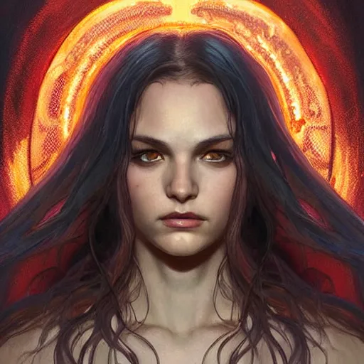 Image similar to character concept, portrait, symmetrical head - on centralized, bright fire pheonix in dark cave. detailed, high quality, dynamic lightning, fantasy, scenematic. artwork by artgerm, wlop, alex ross, greg rutknowski, alphonse mucha