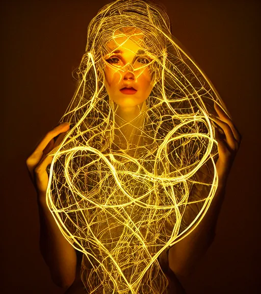 Prompt: lightpainting luminescent portrait, diffuse luminescent lightpainting, intricate wiccan luminescent lightpainting, elegant beauty, highly detailed, lifelike, photorealistic, artstation, luminescent concept art, smooth, sharp luminescent focus, luminescent art by john collier, artem demura, michael bosanko