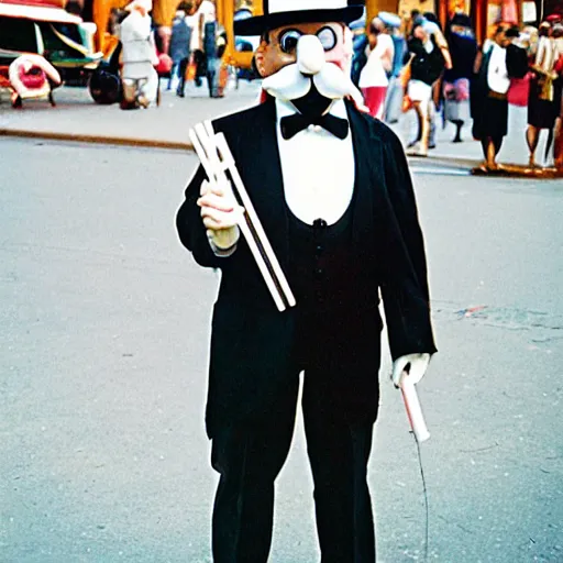 Image similar to mr monopoly 1930s street performer, 35mm film