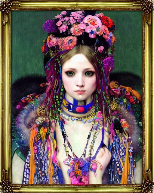 Image similar to a close up of beautiful decora cybergoth emo girl wearing a balaclava surrounded by colourful intricate patterns, by gustave klimt edgar maxence and caravaggio and michael whelan, intricate painting, hyper realistic, extremely detailed and beautiful aesthetic face, inside maximalist baroque vaporwave royalty frames