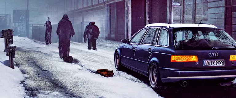 Prompt: Audi A4 B6 Avant (2002), a gritty neo-noir, dramatic lighting, cinematic, eerie person, death, homicide, homicide in the snow, viscera splattered, gunshots, bullet holes, establishing shot, extremely high detail, cracked windows, photorealistic, arson, cinematic lighting, artstation, by simon stalenhag, Max Payne (PC) (2001) winter New York at night, In the style of Max Payne 1 graphic novel, flashing lights, Poets of the Fall - Late Goodbye