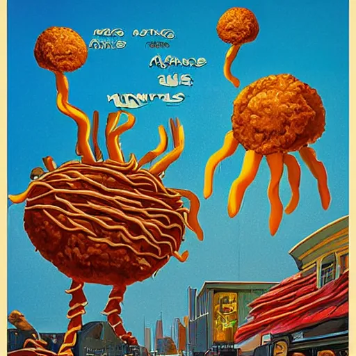 Image similar to attack of the flying spaghetti and meatballs monster, movie art poster, by gerard brom and ansel adams