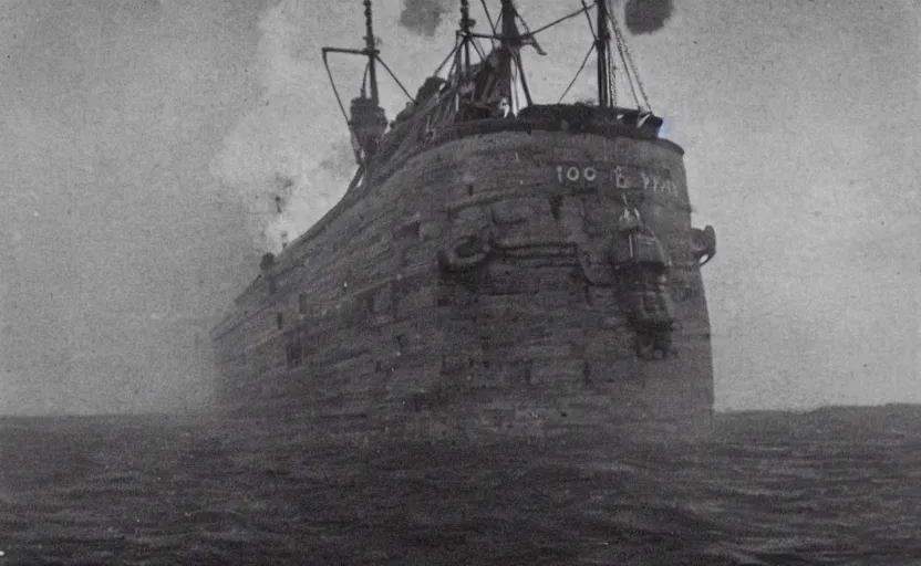 Image similar to cthuhlu at the bottom of the ocean looking up at a small steam ship