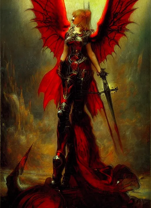 Prompt: angel knight gothic girl in dark and red dragon armor. by gaston bussiere, by rembrandt, fractal flame, cinematic lightning