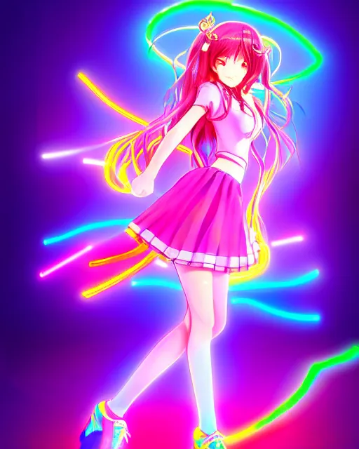 Image similar to anime style, vivid, expressive, full body, 4 k, painting, a cute magical girl idol with a long wavy colorful hair wearing a colorful dress, correct proportions, stunning, realistic light and shadow effects, neon lights, studio ghibly makoto shinkai yuji yamaguchi