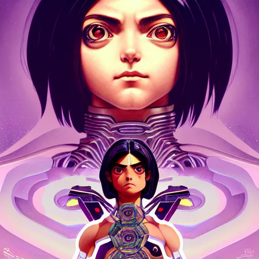 Image similar to Character Portrait of Battle Angel Alita surrounded by geometric nodes, face, fantasy, intricate, elegant, highly detailed, digital painting, artstation, concept art, smooth, sharp focus, illustration, art by Oscar Chichoni and Fernanda Suarez and Artem Demura and alphonse mucha