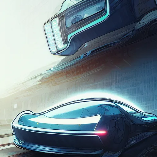 Image similar to detailed intricate digital illustration by greg rutkowski and artgerm and wlop and sanford robinson gifford ; 1 9 9 4 concept car electric vehicle, sharp, smooth, closeup view ; bright, glowing, vintage headlights and 1 9 9 0 s design ; sharp focus, depth of field, front angle shot, head on