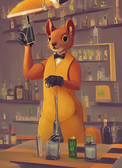 Image similar to squirrel anthro as a dapper bartender with a big fluffy tail, retro futurism, art deco, detailed painterly digital art by Cory Loftis, 🐿🍸🍋, furaffinity, trending on artstation