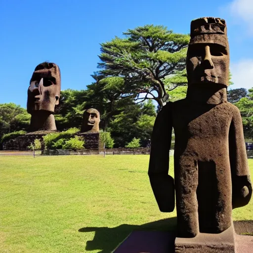 Prompt: A moai statue wearing sunglasses and a biker jacket